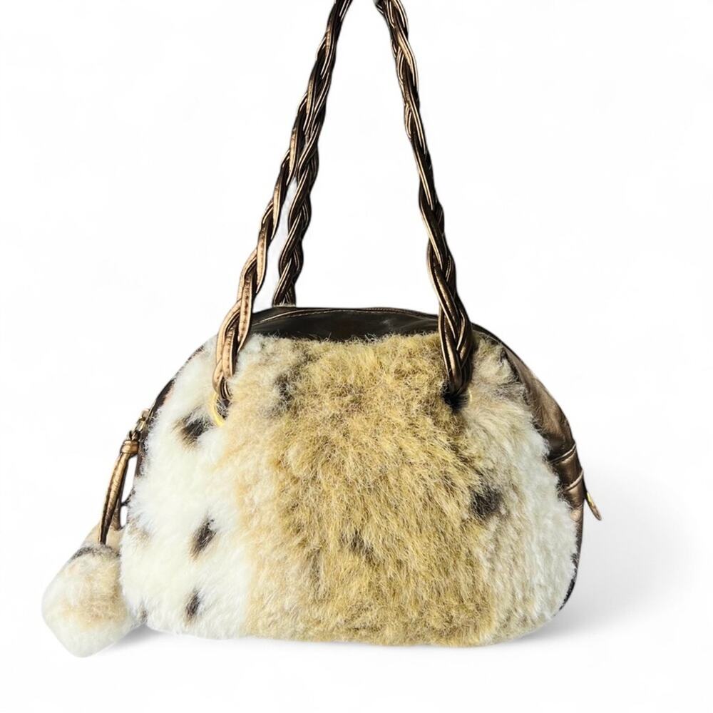 Pritzi Faux Fur Tassel Ball Bronze Mini Shoulder Bag Metallic Boho Chic